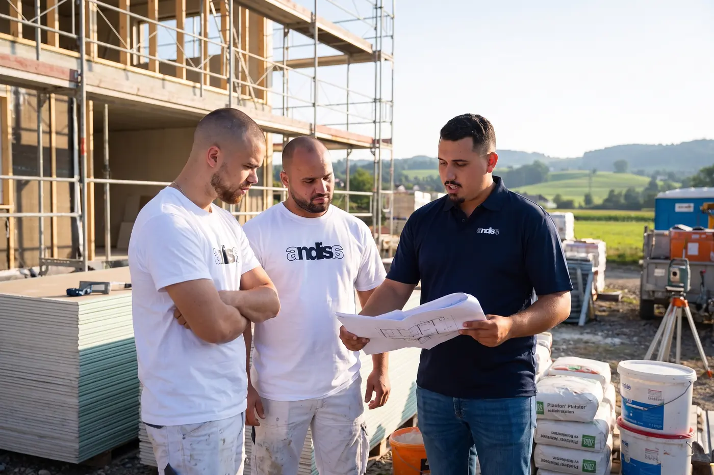 Blendi Sacipi bespricht am Morgen die Arbeit mit zwei Vorarbeitern