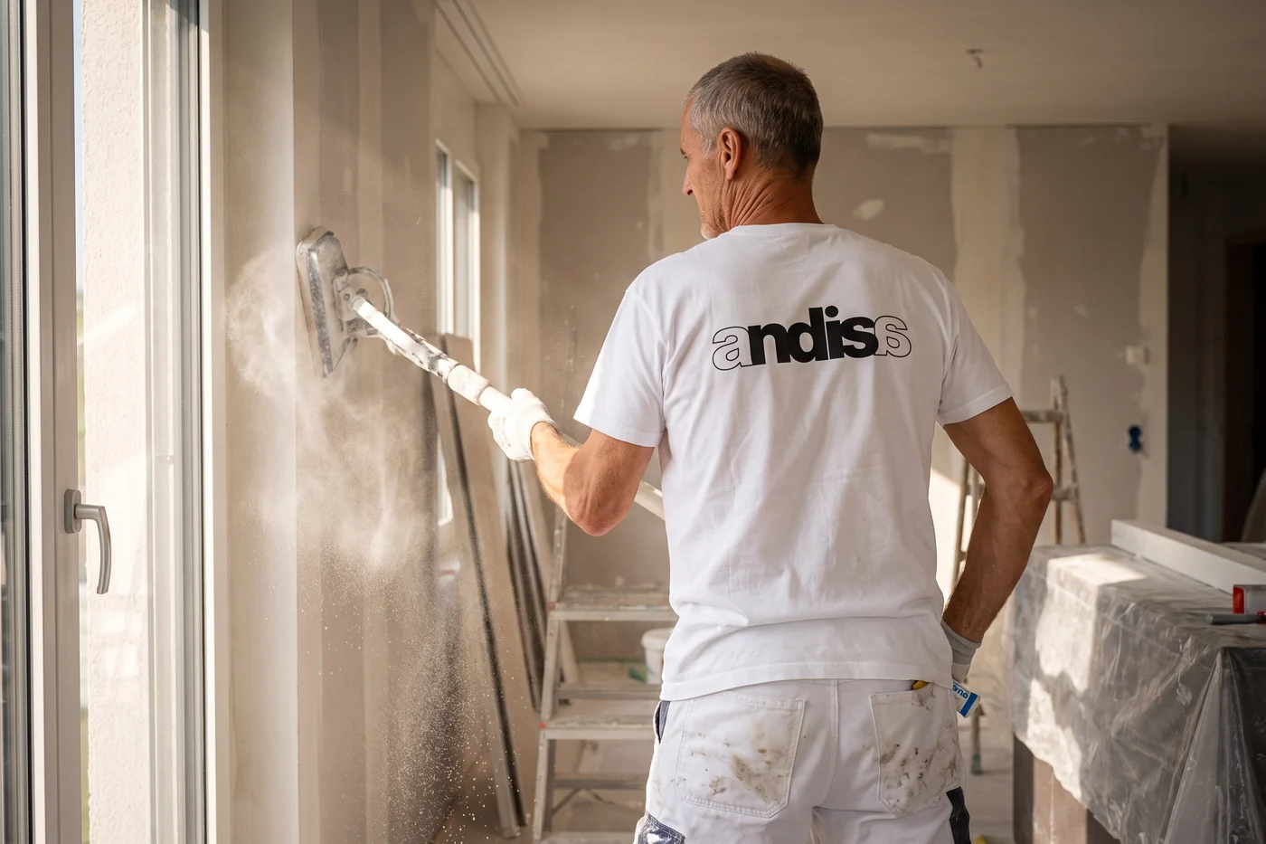 Gespachtelte Wand wird mit dem Langhalsschleifer geschliffen