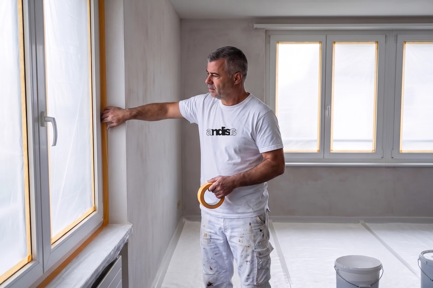 Maler klebt einen Fensterrahmen vor dem Streichen ab