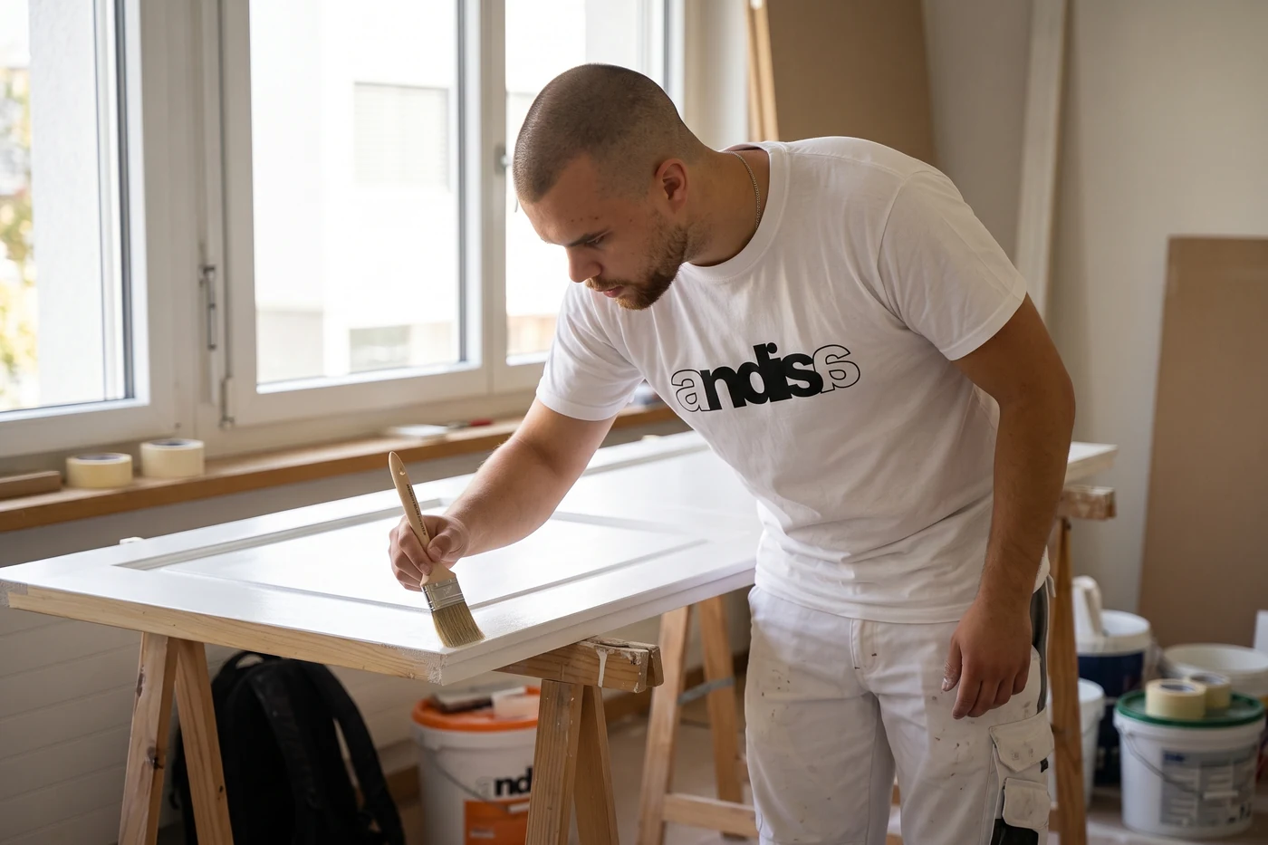 Maler lackiert eine Zimmertür mit dem Pinsel