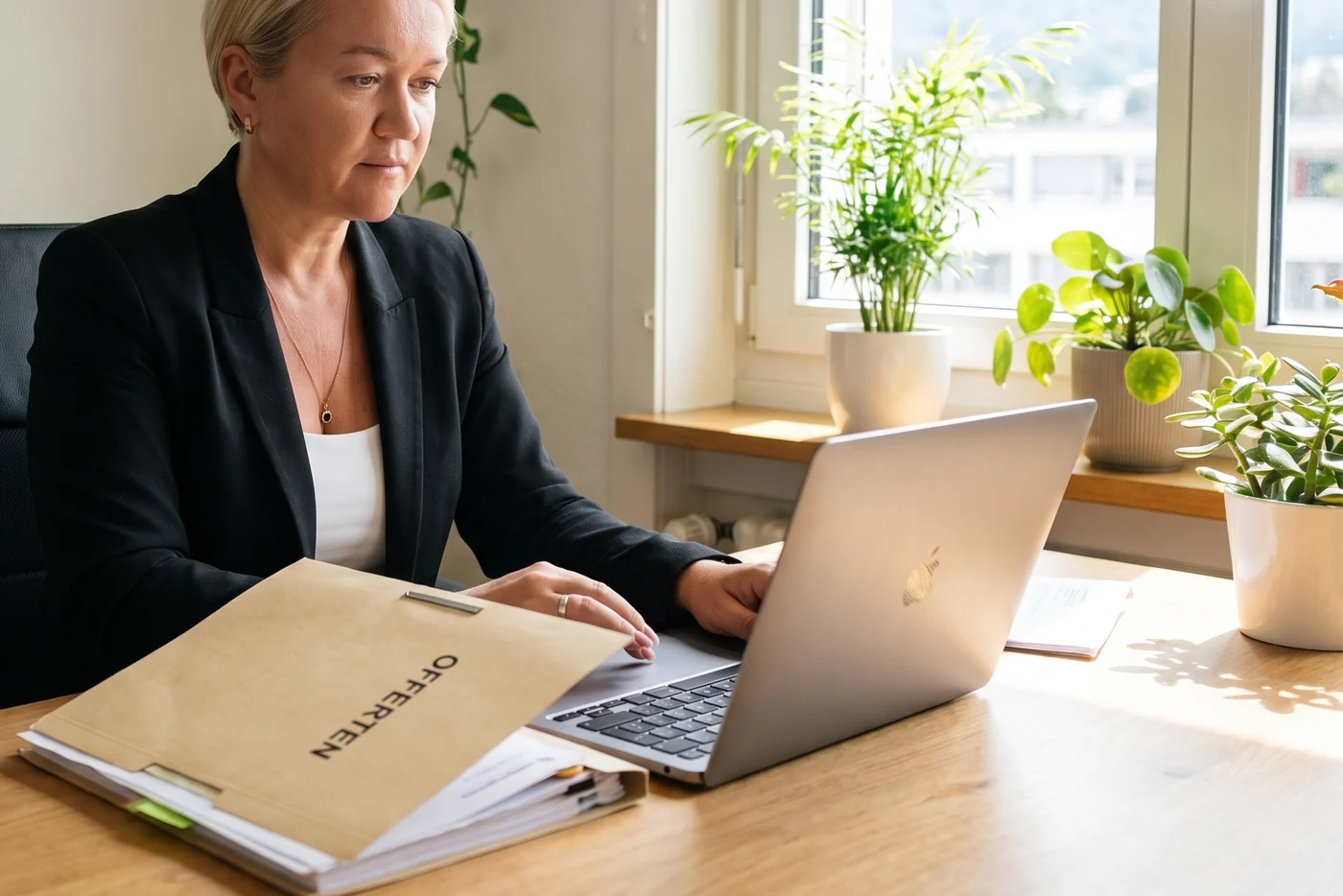Olga bereitet im Büro eine Offerte vor